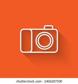 Liner illustration with long shadow on orange background  Photo camera icon. Symbol for your web site design