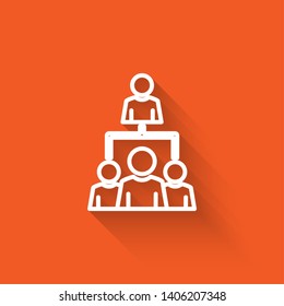 Liner illustration with long shadow on orange background  Social icon. Society. User group network. Corporate team group.