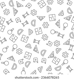 Liner, Measure Tape, Column, Floor Plan, Gear, Builders Helmet Seamless vector pattern made of line icons. Suitable for web wrapping, printing, web sites, apps
