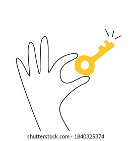 Liner minimal cartoon hand holding a golden key. Access, secure, real estate, and login. Thin line minimalistic vector illustration on white