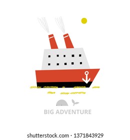 El barco de crucero en el océano. Ilustración vectorial. Se puede usar impreso para camisetas, decoración casera, afiches, tarjetas.