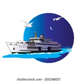 A liner passing the boshporus at nightfall in front of istanbul silhouette. Vector, illustration. Steamship