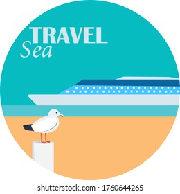 a liner sails on the sea, a Seagull sits by the sea, a cruise on the sea, a trip on a ship,vacation on the ocean