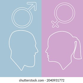 Liner silhouettes of people. Guy and girl. Male and female portrait. Man on a blue background, a woman on a pink. Male and female signs. Symbols of Venus and Mars