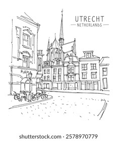 Liner sketches architecture of Utrecht, Holland, hand drawing sketch, graphic illustration. Urban sketch in black color isolated on white background. Hand drawn travel postcard. Travel sketch. Vector