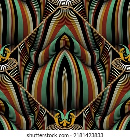 Lines 3d greek seamless pattern. Surface line art trendy vector background. Patterned repeat  backdrop. Colorful geometric ornament. Modern beautiful floral design with ropes, stripes, lines, flowers.