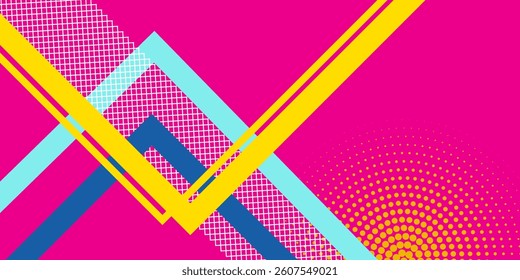 Lines abstract background, pink bright color. Vector abstract background texture design, bright poster, banner pink background, yellow and blue stripes and shapes.