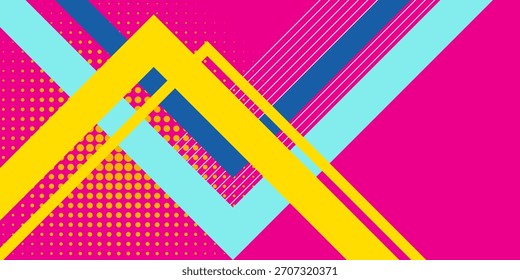 Lines abstract background, pink bright color. Vector abstract background texture design, bright poster, banner pink background, yellow and blue stripes and shapes.
