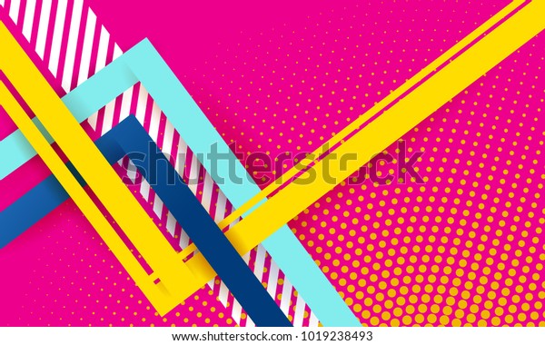 abstract texture design, bright wallpaper mural, pink background, yellow and blue stripes and shapes.