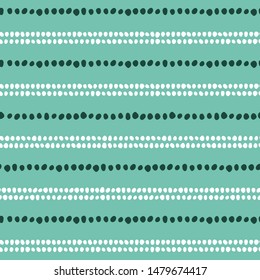 Lines of abstract spots and shapes minimalist seamless vector pattern. Decorative tribal stripe design. Boho beads and stones repeating pattern in blue, white and green.