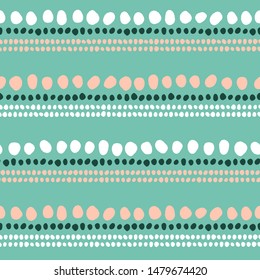 Lines of abstract spots and shapes minimalist seamless vector pattern. Decorative tribal stripe design. Boho beads and dots repeating pattern in pink, white and green.