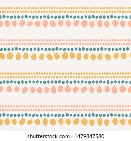 Lines of abstract spots and shapes minimalist seamless vector pattern. Decorative pastel tribal stripe design. Boho beads and dots repeating pattern in pink, yellow and blue on a neutral background.