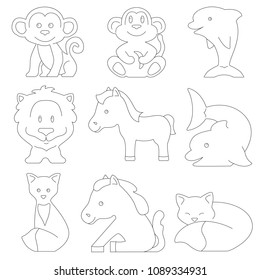 Lines of animal silhouettes for children's coloring on a white background