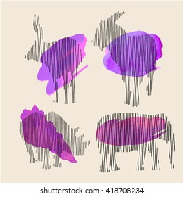 Lines animals with watercolor