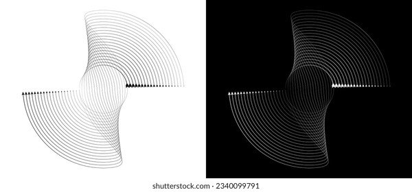 Lines and arrows in spiral. Art line geometric design. Black lines on a white background and white lines on the black side.