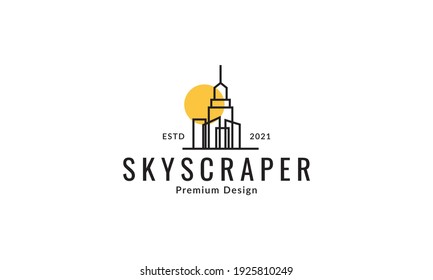 lines art skyscraper with tower and sunset logo design vector icon symbol illustration