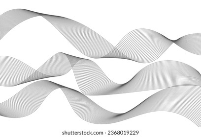 Lines for the background. Black stripes on a white background. Set of wavy lines. Multiple line waves. Creative line art. Grey waves with lines. Vector waves set. Curved wavy line, smooth stripe.