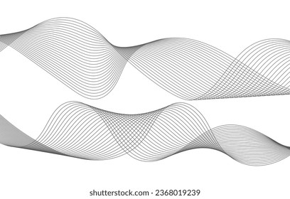 Lines for the background. Black stripes on a white background. Set of wavy lines. Multiple line waves. Creative line art. Grey waves with lines. Vector waves set. Curved wavy line, smooth stripe.