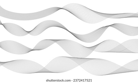Líneas para el fondo. Bandas negras sobre un fondo blanco. Conjunto de líneas onduladas. Varias ondas de línea. Arte de línea creativa. Olas grises con líneas. Olas vectoriales establecidas. Línea ondulada curvada, banda lisa.
