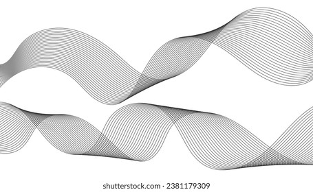 Lines for the background. Black stripes on a white background. Set of wavy lines. Multiple line waves. Creative line art. Grey waves with lines. Vector waves set. Curved wavy line, smooth stripe.