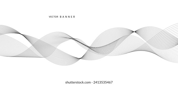 Lines for the background. Black stripes on a white background. Set of wavy lines. Multiple line waves. Creative line art. Grey waves with lines. Vector waves set. Curved wavy line, smooth stripe.