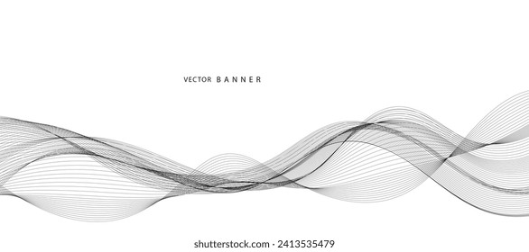 Lines for the background. Black stripes on a white background. Set of wavy lines. Multiple line waves. Creative line art. Grey waves with lines. Vector waves set. Curved wavy line, smooth stripe.