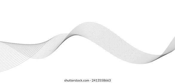 Lines for the background. Black stripes on a white background. Set of wavy lines. Multiple line waves. Creative line art. Grey waves with lines. Vector waves set. Curved wavy line, smooth stripe.