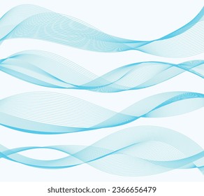 Líneas para el fondo. Bandas azules sobre un fondo blanco. Conjunto de líneas onduladas. Varias ondas de línea. Arte de línea creativa. Olas azules con líneas. Olas vectoriales establecidas. Línea ondulada curvada, banda lisa.