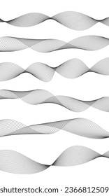 Líneas para el fondo. Rayas grises sobre un fondo blanco. Conjunto de líneas onduladas. Varias ondas de línea. Arte de línea creativa. Olas negras con líneas. Olas vectoriales establecidas. Línea ondulada curvada, banda lisa.