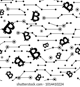 Lines and Bitcoins Seamless Pattern. Vector Illustration, Cryptocurrency Financial Items.