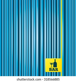 Lines blue background. Bar or Pub sign icon. Wine bottle and Glass symbol. Alcohol drink symbol. Yellow tag label. Vector