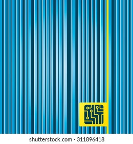 Lines blue background. Circuit board sign icon. Technology scheme square symbol. Yellow tag label. Vector