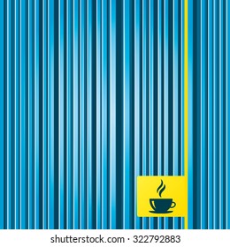 Lines blue background. Coffee cup sign icon. Hot coffee button. Hot tea drink with steam. Yellow tag label. Vector