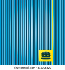 Lines blue background. Hamburger icon. Burger food symbol. Cheeseburger sandwich sign. Yellow tag label. Vector