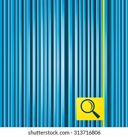 Lines blue background. Magnifier glass sign icon. Zoom tool button. Navigation search symbol. Yellow tag label. Vector