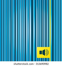 Lines blue background. Speaker volume sign icon. Sound symbol. Yellow tag label. Vector