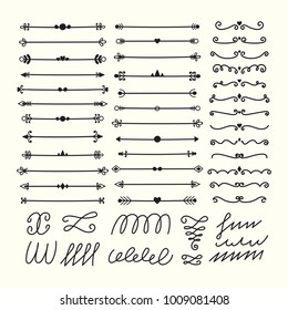 Lines, borders and dividers. Hand drawn calligraphic design elements. Set of decorative symbols in doodle style. Vector illustration