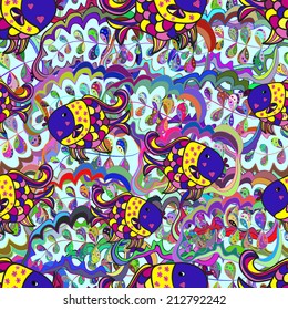Lines with branch seamless pattern with colorful fish. Seamless abstract hand-drawn pattern, floral background. Seamless pattern can be used for wallpaper, pattern fills, web page
