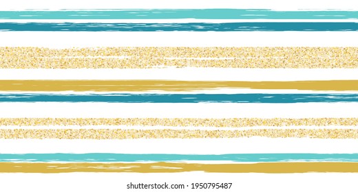 Lines brushstroke stripes summer marine seamless pattern. Teal linen shabby chic style. Hand drawn texture. Yellow gold blue background. Line wallpaper home decor swatch. Stripe textile all over print