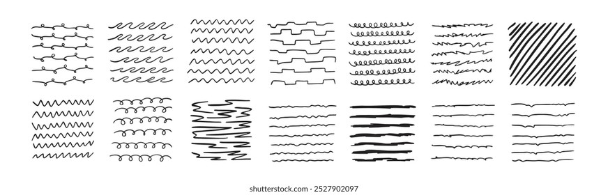 Lines by pen Hand drawn black Doodle strokes, underlines by pencil. Brush scribbles, frames, borders, design elements. Vector illustration