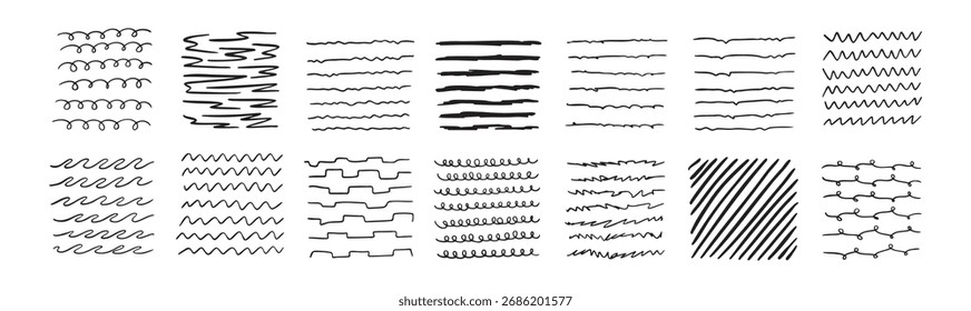 Líneas por pluma Dibujado a mano trazos de Doodle negro, subrayado por lápiz. Pincel garabatos, marcos, bordes, Elementos de diseño. Ilustración vectorial