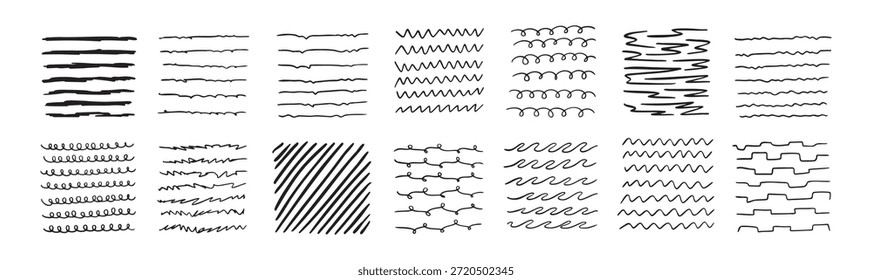 Linien nach Stift Handgezeichnete schwarze Doodle-Striche, Unterstreichungen nach Bleistift. Pinsel-Kritzeleien, Rahmen, Ränder, Design-Elemente. Vektorgrafik