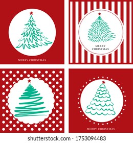 Lines christmas tree with red square background set, hand draw christmas tree card set