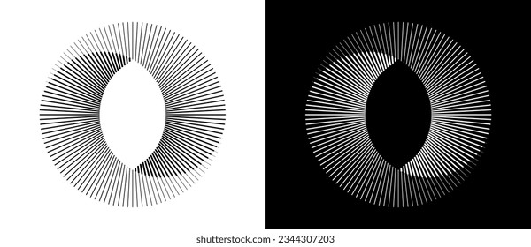 Lines in circle abstract background. Dynamic transition illusion. Black shape on a white background and the same white shape on the black side.