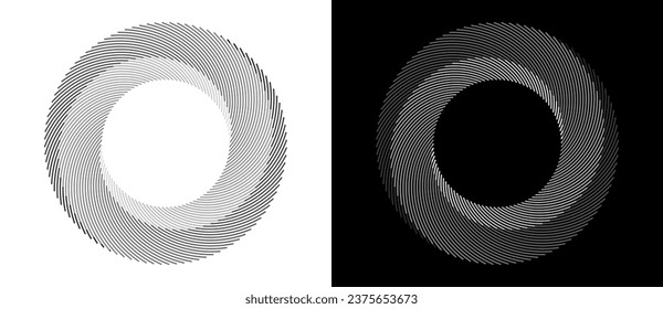 Lines in circle abstract background. Dynamic transition illusion. Grayscale shape on a white background and the same shape on the black side.