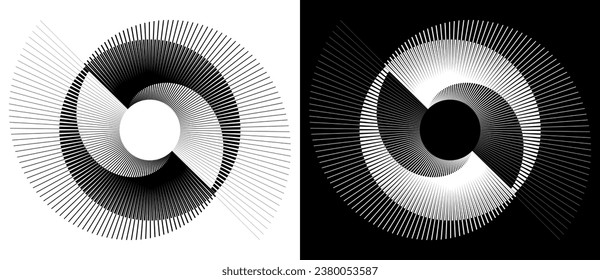 Lines in circle abstract background. Dynamic transition illusion. Black shape on a white background and the same white shape on the black side.