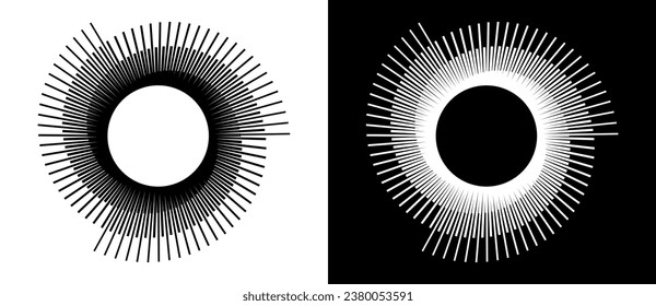 Líneas en un fondo abstracto de círculo. Ilusión de transición dinámica. Forma negra sobre un fondo blanco y la misma forma blanca sobre el lado negro.