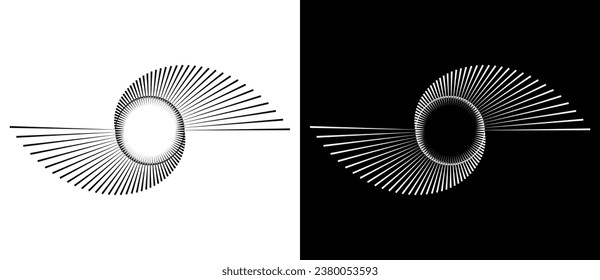 Lines in circle abstract background. Dynamic transition illusion. Black shape on a white background and the same white shape on the black side.