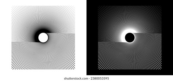 Lines in circle abstract background. Dynamic transition illusion. Black shape on a white background and the same white shape on the black side.