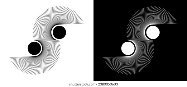 Lines in circle abstract background. Dynamic transition illusion. Black shape on a white background and the same white shape on the black side.